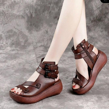 Sandales d'été en cuir Vintage pour Femmes - Flat Confort Orthopédique